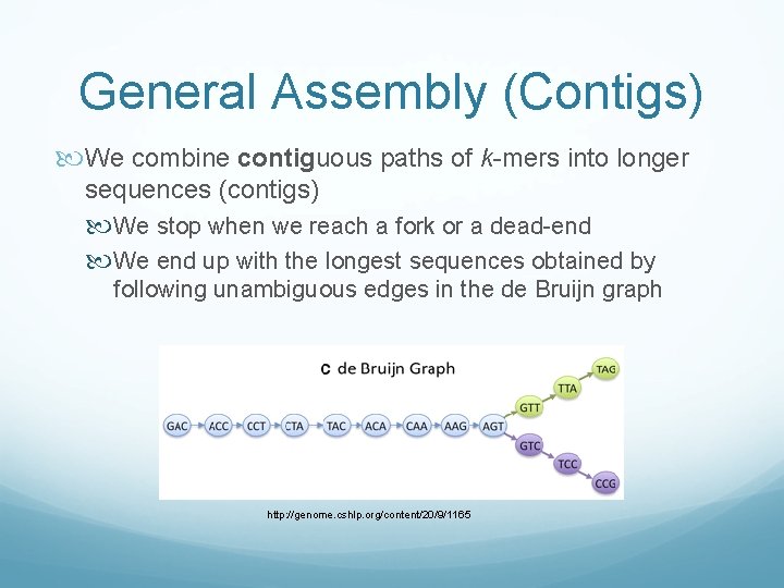 General Assembly (Contigs) We combine contiguous paths of k-mers into longer sequences (contigs) We