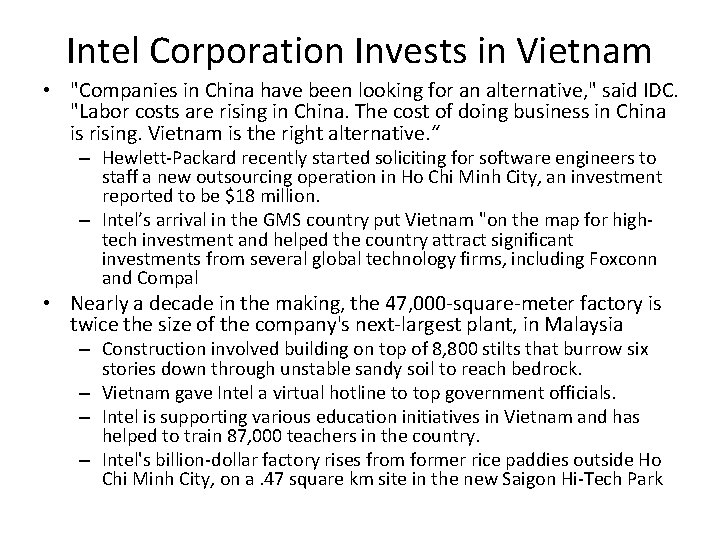 Intel Corporation Invests in Vietnam • "Companies in China have been looking for an