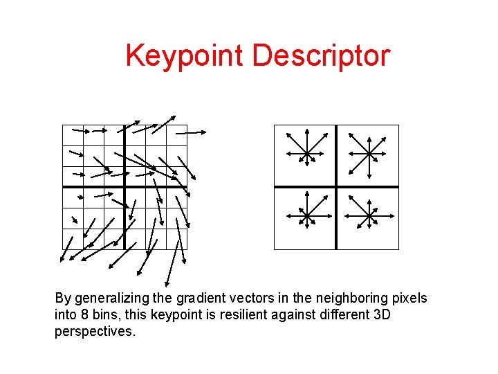 Keypoint Descriptor By generalizing the gradient vectors in the neighboring pixels into 8 bins,