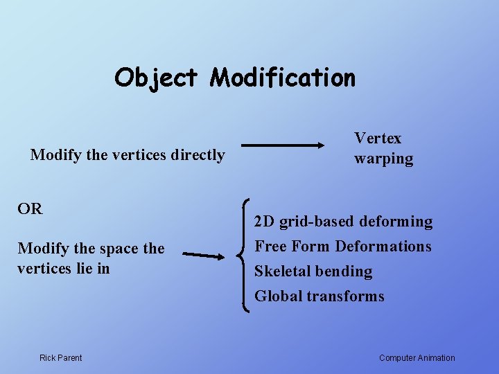 Object Modification Modify the vertices directly OR Modify the space the vertices lie in