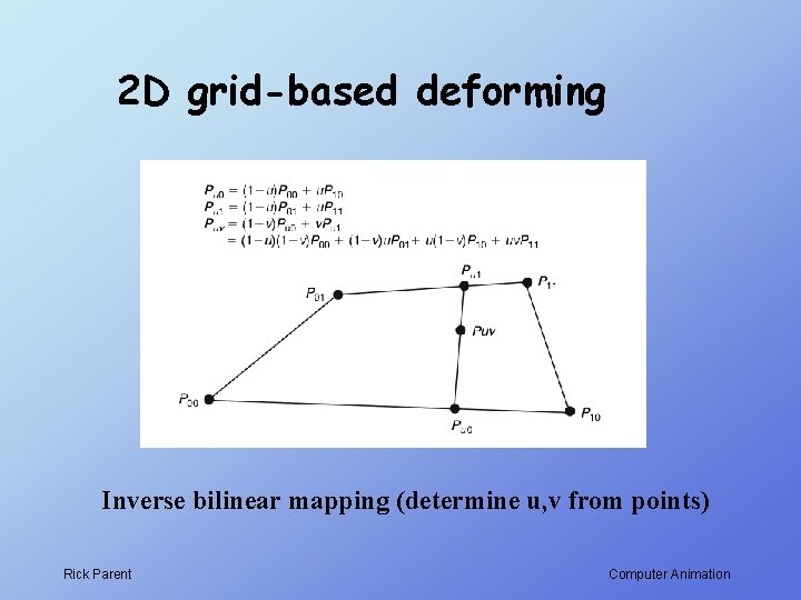 2 D grid-based deforming Inverse bilinear mapping (determine u, v from points) Rick Parent