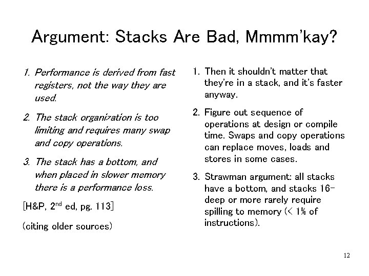Argument: Stacks Are Bad, Mmmm'kay? 1. Performance is derived from fast registers, not the