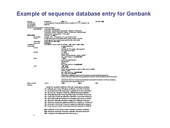 Example of sequence database entry for Genbank LOCUS DRODPPC 4001 bp INV 15 -MAR-1990 Example of sequence database entry for Genbank LOCUS DRODPPC 4001 bp INV 15 -MAR-1990