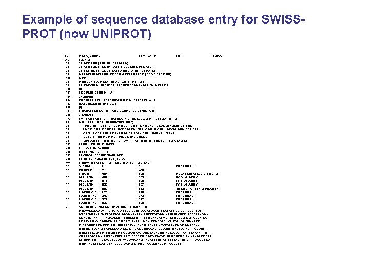 Example of sequence database entry for SWISSPROT (now UNIPROT) ID AC DT DT DT Example of sequence database entry for SWISSPROT (now UNIPROT) ID AC DT DT DT