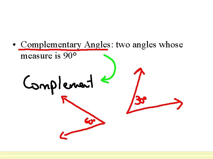  • Complementary Angles: two angles whose measure is 90° 