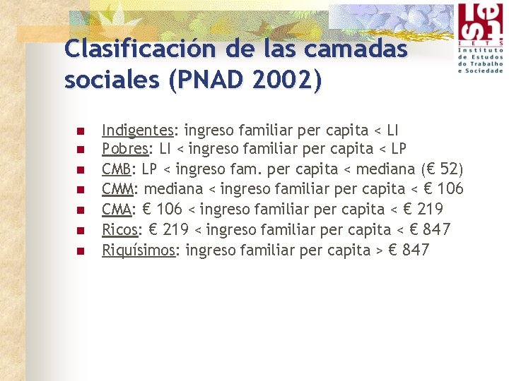 Clasificación de las camadas sociales (PNAD 2002) n n n n Indigentes: ingreso familiar