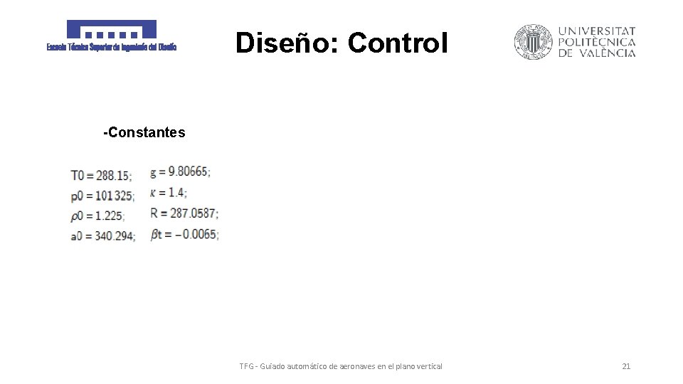 Diseño: Control -Constantes TFG - Guiado automático de aeronaves en el plano vertical 21