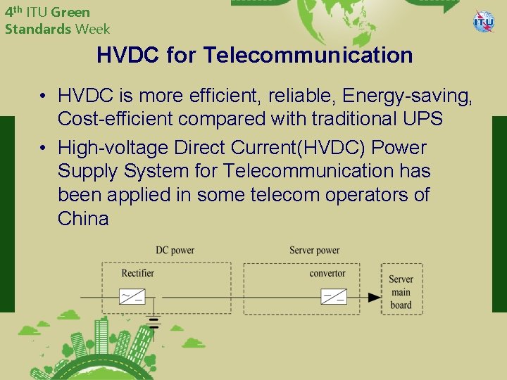 4 th ITU Green Standards Week China Telecommunication Technology Labs HVDC for Telecommunication •