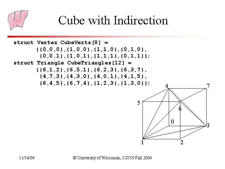 Cube with Indirection struct Vertex Cube. Verts[8] = {{0, 0, 0}, {1, 1, 0},