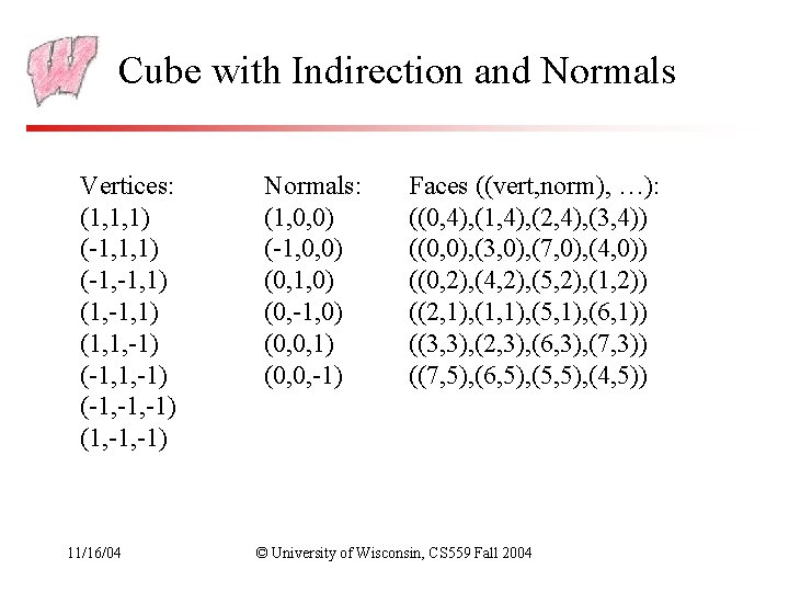 Cube with Indirection and Normals Vertices: (1, 1, 1) (-1, -1, 1) (1, 1,