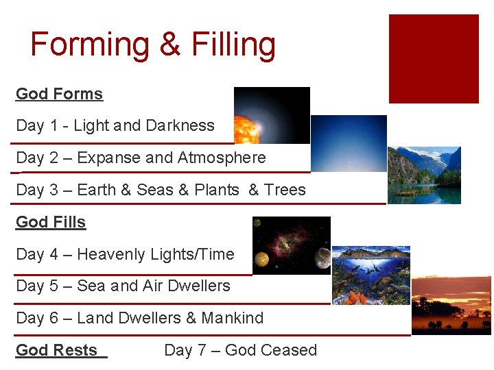 Forming & Filling God Forms Day 1 - Light and Darkness Day 2 –