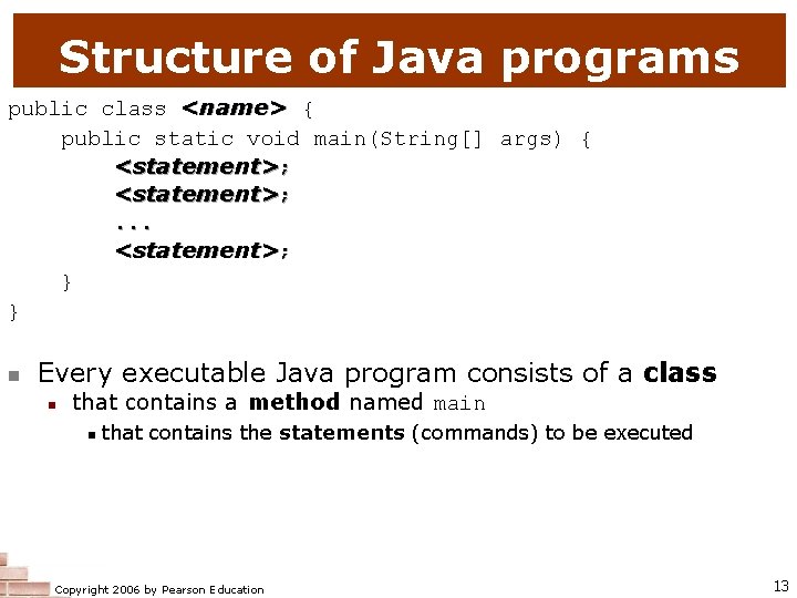 Structure of Java programs public class <name> { public static void main(String[] args) {