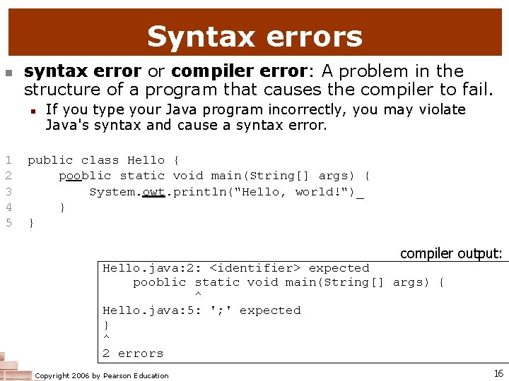 Syntax errors syntax error or compiler error: A problem in the structure of a
