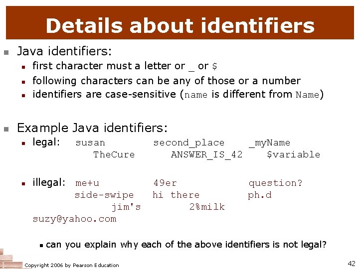 Details about identifiers Java identifiers: first character must a letter or _ or $ Details about identifiers Java identifiers: first character must a letter or _ or $