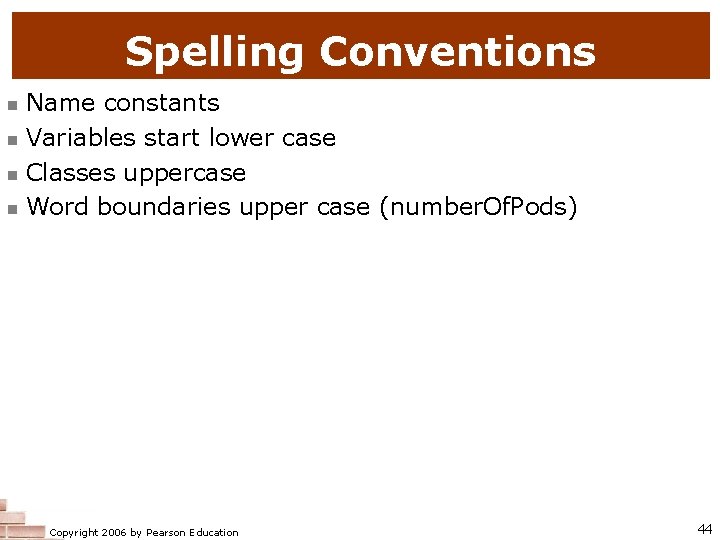 Spelling Conventions Name constants Variables start lower case Classes uppercase Word boundaries upper case