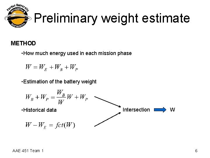 Preliminary weight estimate METHOD • How much energy used in each mission phase •
