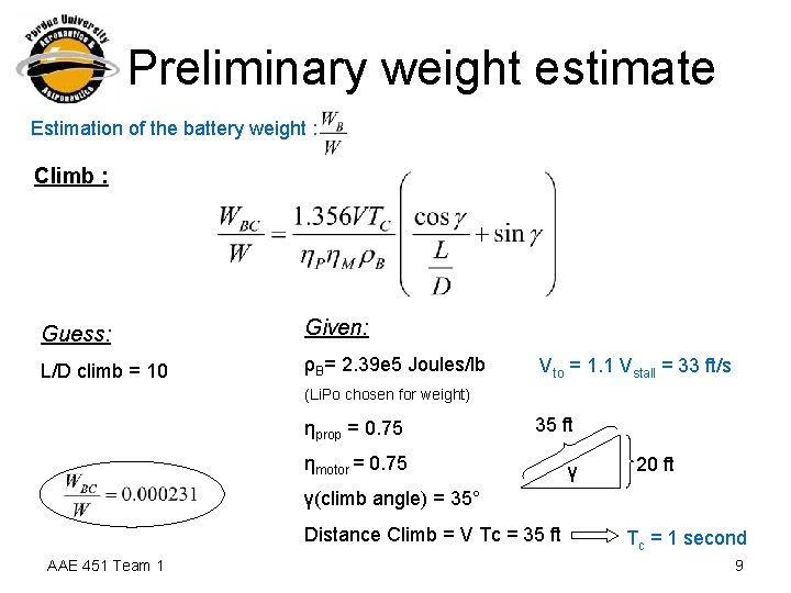 Preliminary weight estimate Estimation of the battery weight : Climb : Guess: Given: L/D