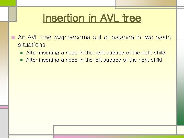 Insertion in AVL tree n An AVL tree may become out of balance in