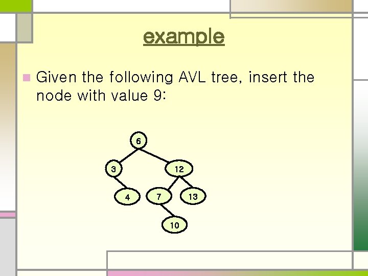 example n Given the following AVL tree, insert the node with value 9: 6