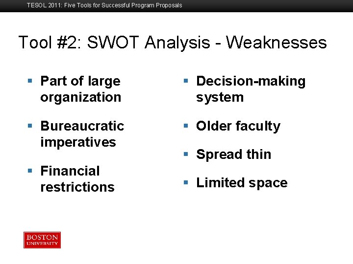 TESOL 2011: Five Tools for Successful Program Proposals Tool #2: SWOT Analysis - Weaknesses