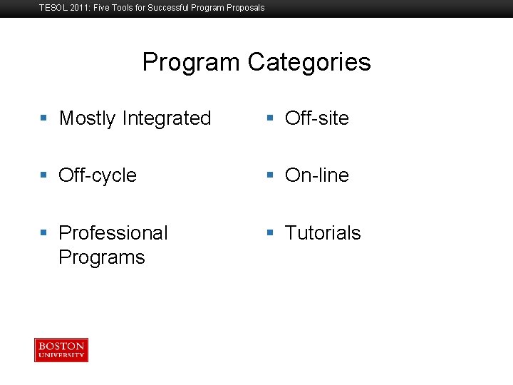 TESOL 2011: Five Tools for Successful Program Proposals Program Categories Boston University Slideshow Title