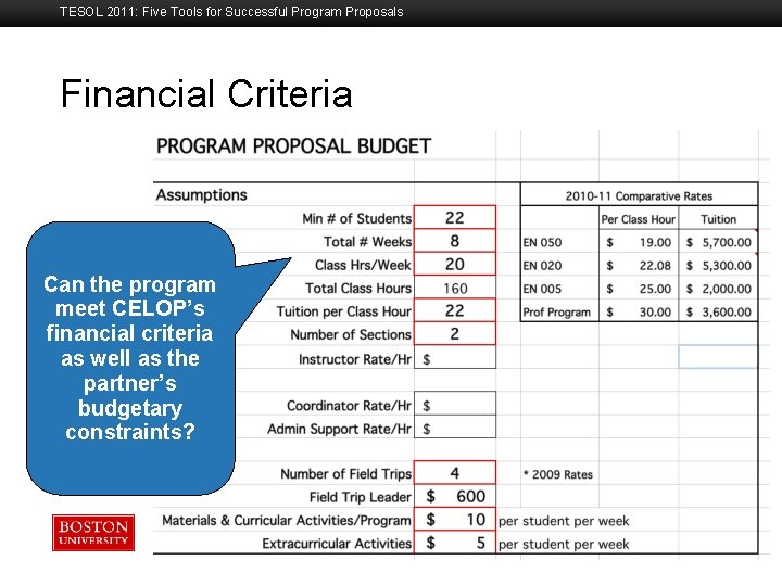 TESOL 2011: Five Tools for Successful Program Proposals Financial Criteria Boston University Slideshow Title