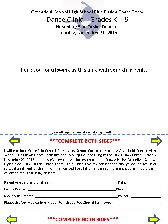 Greenfield Central High School Blue Fusion Dance Team Dance Clinic – Grades K –