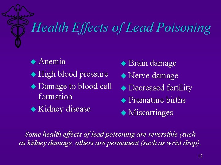 Health Effects of Lead Poisoning u Anemia u Brain damage u High blood pressure