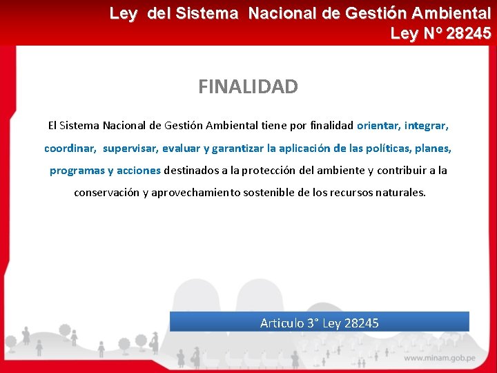 Ley del Sistema Nacional de Gestión Ambiental Ley Nº 28245 FINALIDAD El Sistema Nacional