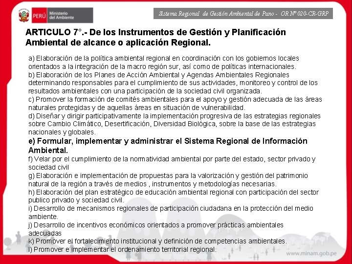 Sistema Regional de Gestión Ambiental de Puno - OR Nº 020 -CR-GRP ARTICULO 7°.