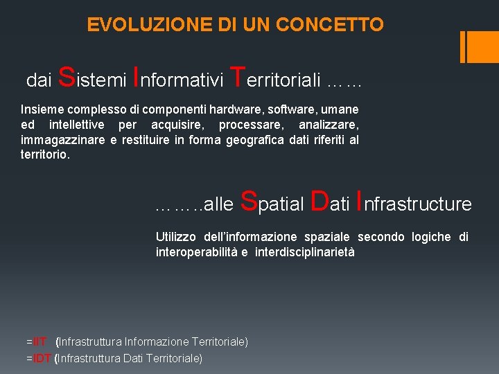 EVOLUZIONE DI UN CONCETTO dai Sistemi Informativi Territoriali …… Insieme complesso di componenti hardware,