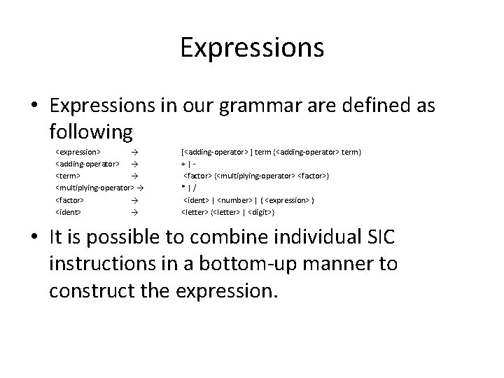 Expressions • Expressions in our grammar are defined as following <expression> → <adding-operator> →