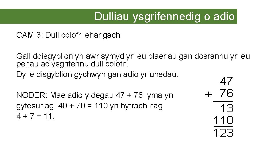 Dulliau ysgrifennedig o adio CAM 3: Dull colofn ehangach Gall ddisgyblion yn awr symyd