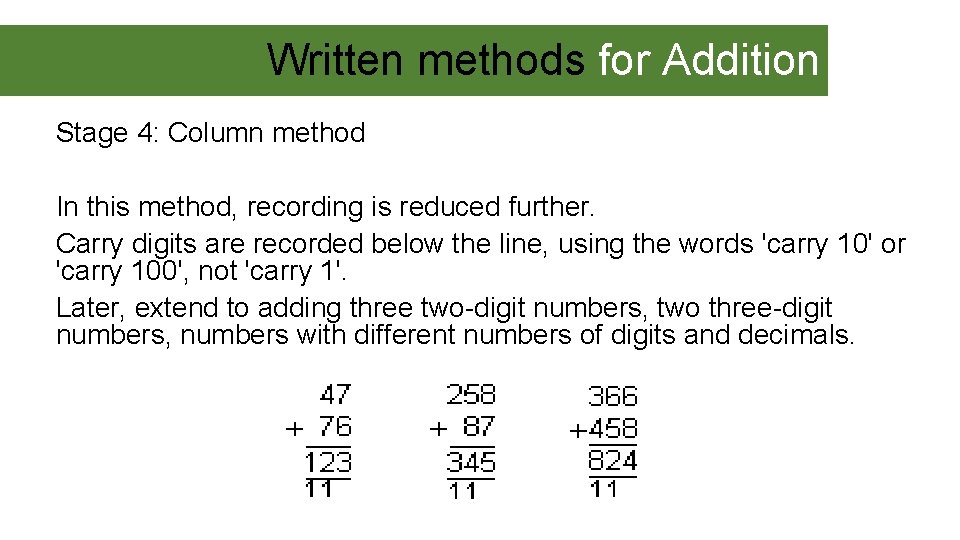 Written methods for Addition Stage 4: Column method In this method, recording is reduced