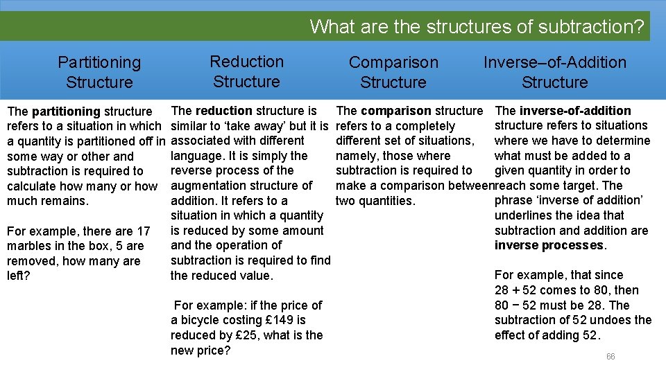 What are the structures of subtraction? Partitioning Structure Reduction Structure Comparison Structure Inverse–of-Addition Structure