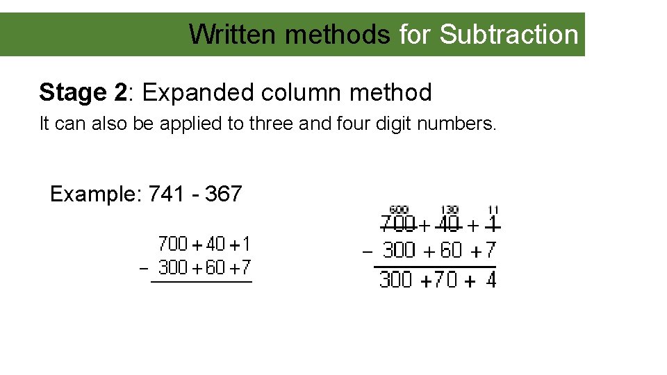 Written methods for Subtraction Stage 2: Expanded column method It can also be applied