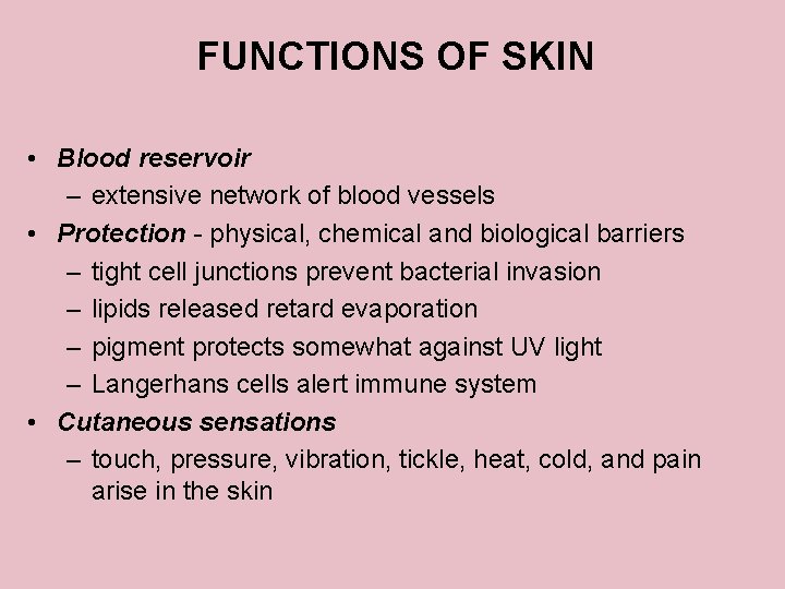 FUNCTIONS OF SKIN • Blood reservoir – extensive network of blood vessels • Protection