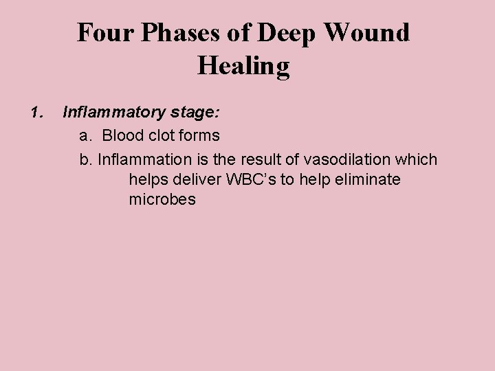 Four Phases of Deep Wound Healing 1. Inflammatory stage: a. Blood clot forms b.