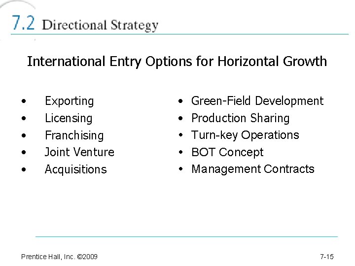 International Entry Options for Horizontal Growth • • • Exporting Licensing Franchising Joint Venture
