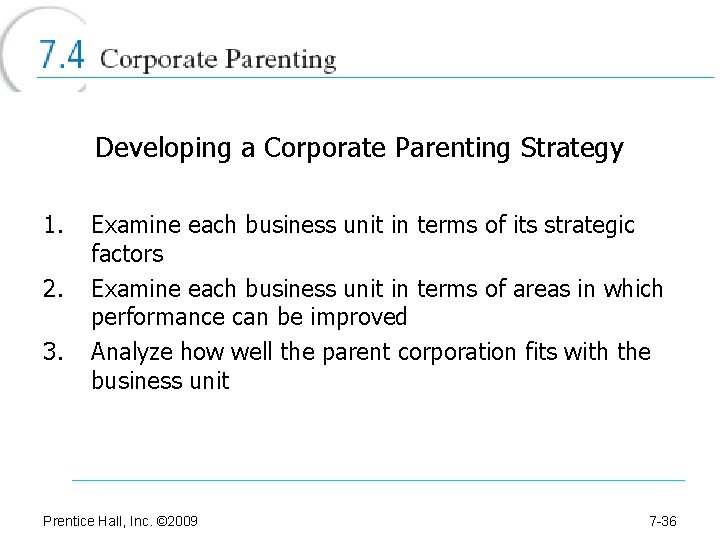 Developing a Corporate Parenting Strategy 1. 2. 3. Examine each business unit in terms