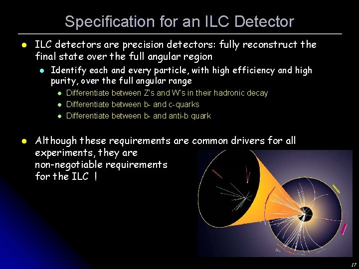 Specification for an ILC Detector l ILC detectors are precision detectors: fully reconstruct the