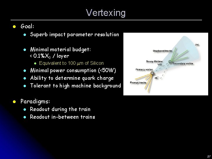 Vertexing l Goal: l l Superb impact parameter resolution Minimal material budget: < 0.