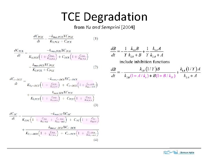 TCE Degradation from Yu and Semprini [2004] Clemson Hydro 