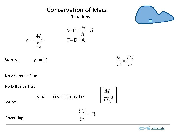 Conservation of Mass Reactions Storage c=C No Advective Flux No Diffusive Flux Source S=R