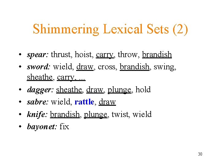 Shimmering Lexical Sets (2) • spear: thrust, hoist, carry, throw, brandish • sword: wield,
