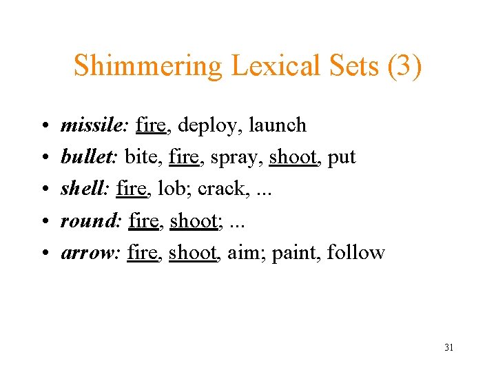Shimmering Lexical Sets (3) • • • missile: fire, deploy, launch bullet: bite, fire,