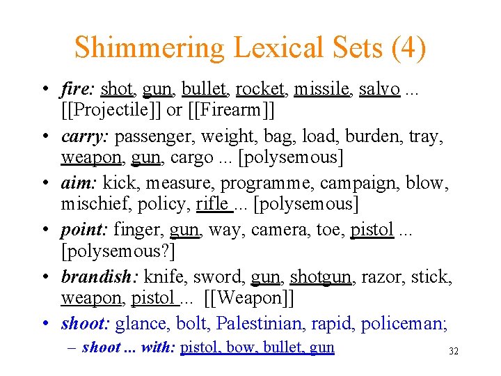 Shimmering Lexical Sets (4) • fire: shot, gun, bullet, rocket, missile, salvo. . .