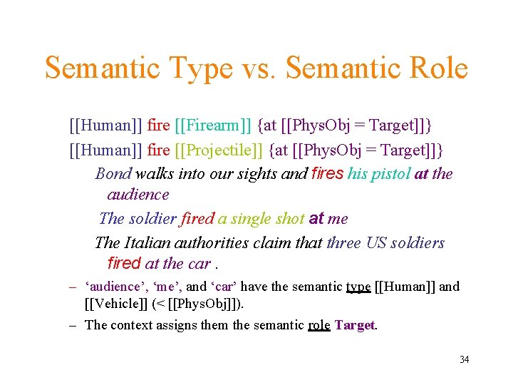 Semantic Type vs. Semantic Role [[Human]] fire [[Firearm]] {at [[Phys. Obj = Target]]} [[Human]]