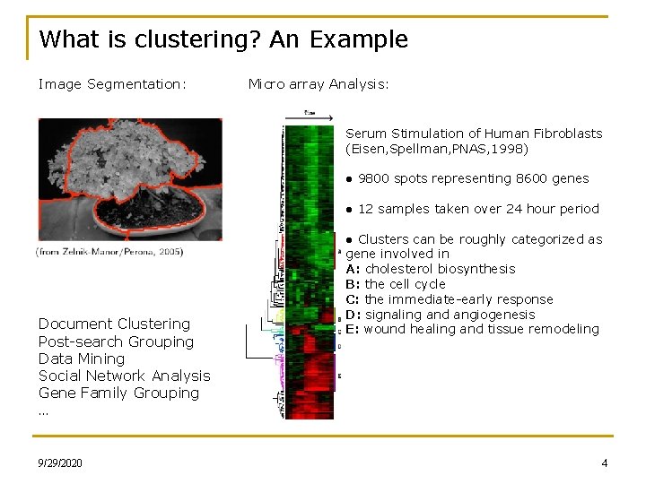 What is clustering? An Example Image Segmentation: Micro array Analysis: Serum Stimulation of Human