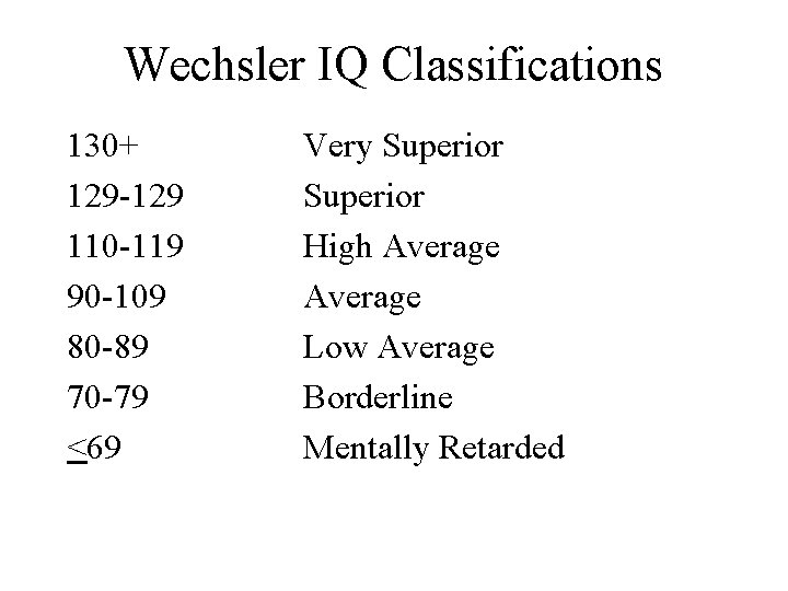 Wechsler IQ Classifications 130+ 129 -129 110 -119 90 -109 80 -89 70 -79